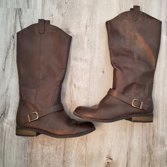 Faux Leather Brown Moto Buckle Riding Boots Size 6 Tall Biker Western Cowboy - Picture 1 of 3